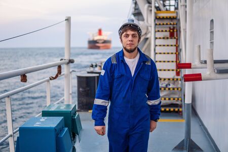 Marine Deck Officer or Chief mate on deck of offshore vesselの写真素材
