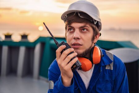 Marine Deck Officer or Chief mate on deck of offshore vesselの写真素材