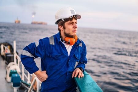 Marine Deck Officer or Chief mate on deck of offshore vesselの写真素材
