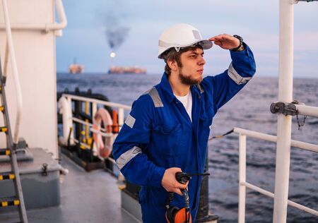 Marine Deck Officer or Chief mate on deck of offshore vesselの写真素材
