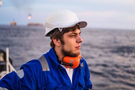 Marine Deck Officer or Chief mate on deck of offshore vesselの写真素材