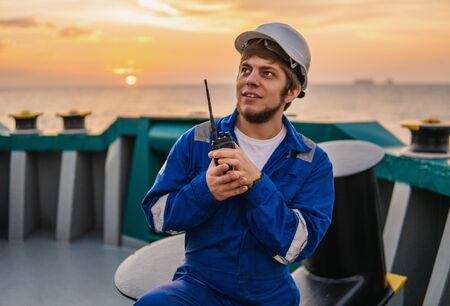 Marine Deck Officer or Chief mate on deck of offshore vesselの写真素材