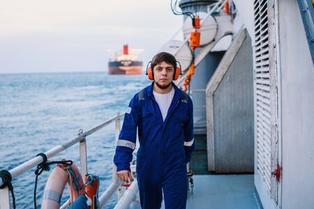 Marine Deck Officer or Chief mate on deck of offshore vesselの写真素材