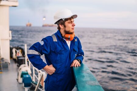 Marine Deck Officer or Chief mate on deck of offshore vesselの写真素材