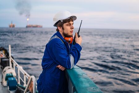 Marine Deck Officer or Chief mate on deck of offshore vesselの写真素材