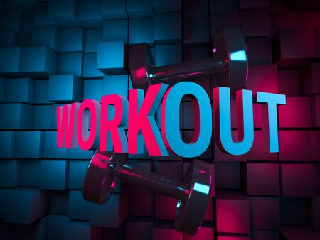 3d rendered illustration, Workout concept with neon light and two dumbbells with cubes on backgroundの写真素材