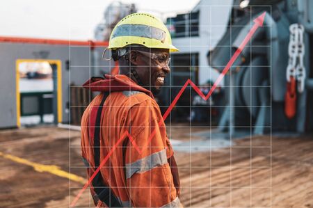 Concept of growth up in marine industry with rising graphics. Head of AB able seamen - Bosun on deck of offshore vessel or ship.の写真素材