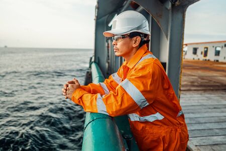 Filipino deck Officer on deck of vessel or shipの写真素材