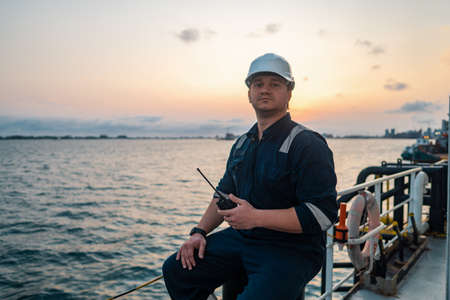 Marine Deck Officer or Chief mate on deck of offshore vessel or shipの写真素材