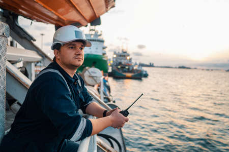 Marine Deck Officer or Chief mate on deck of offshore vessel or shipの写真素材