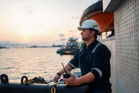 Marine Deck Officer or Chief mate on deck of offshore vessel or shipの写真素材