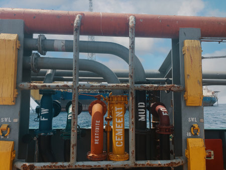 Offshore ship cargo manifolds ready to offload cargo to Floating production storage and offloading FPSOの写真素材