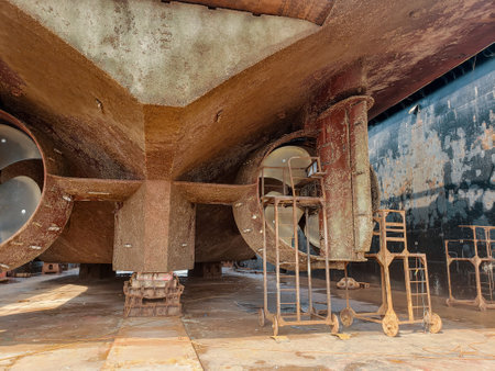 Industry view - Ocean Vessel in the dry dock in shipyard. Old rusty ship under repairの写真素材