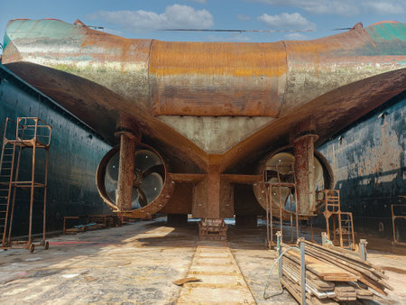 Industry view - Ocean Vessel in the dry dock in shipyard. Old rusty ship under repairの写真素材