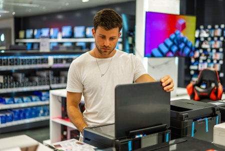 Man choosing hardware in electronics storeの写真素材