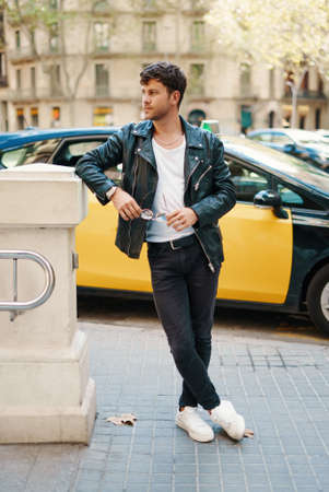 Portrait of sexy man near subway metro station entranceの写真素材