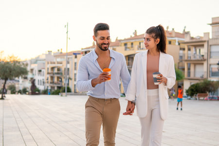 Content Hispanic couple holding hands during strollの写真素材