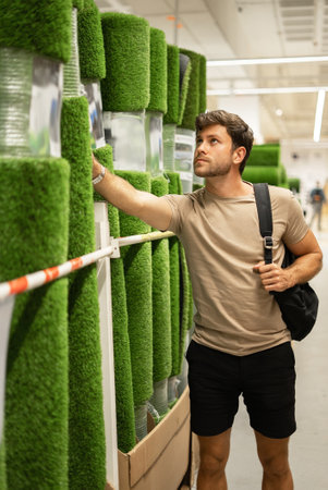Male picking roll of fake grassの写真素材