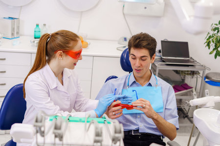 Female dentist giving goggles to male patientの写真素材