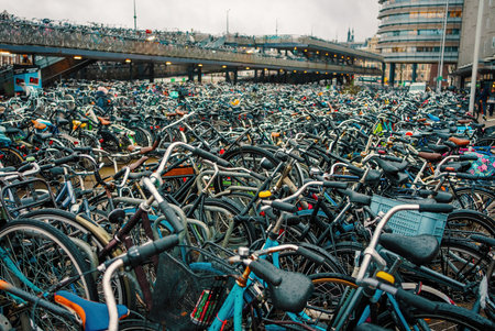 Plenty bicycles at parking lot in Amsterdamの写真素材