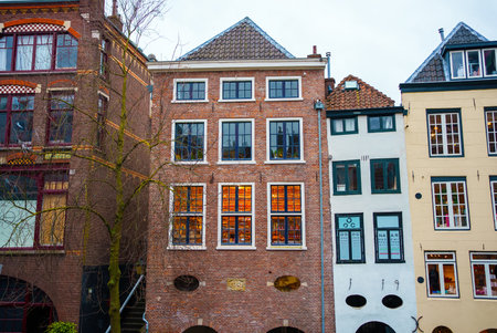 Street along the canal near old houses. Utrecht, Netherlandsの写真素材