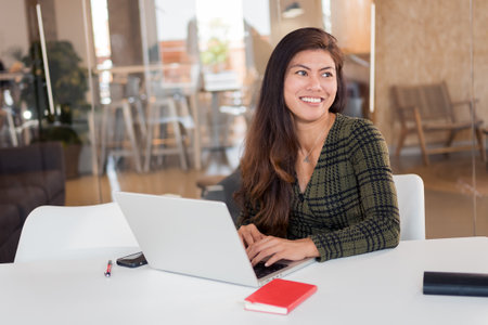 Modern content lady with netbook in officeの写真素材