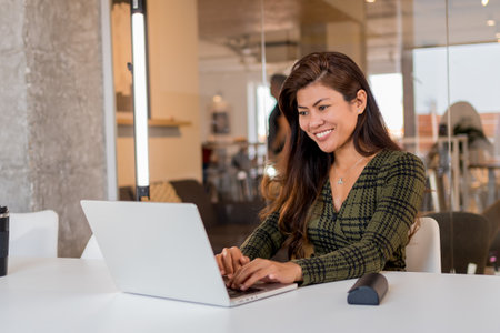 Cheerful business lady working on netbook in officeの写真素材