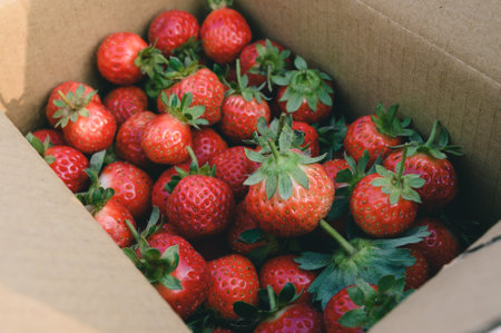 Strawberries in a box. Strawberries in a cardboard box.