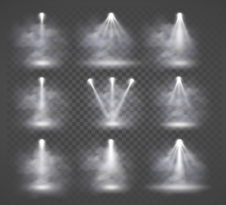 Vector light sources and smoke, concert lighting, stage spotlights set.のイラスト素材