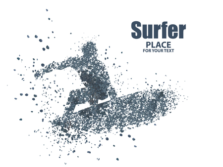 silhouettes of surfers particle divergent composition, vector illustration.のイラスト素材