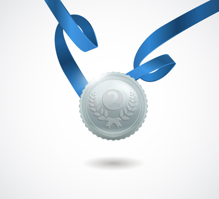 Champion silver medal with ribbon on white background. Vector illustration.のイラスト素材