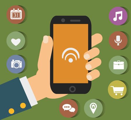 Vector mobile phone with icons in flat styleのイラスト素材