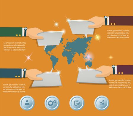 Business hands global infographics template. Vector illustration. Can be used for workflow layout, banner, diagram, number options, step up options, web design, timeline.のイラスト素材