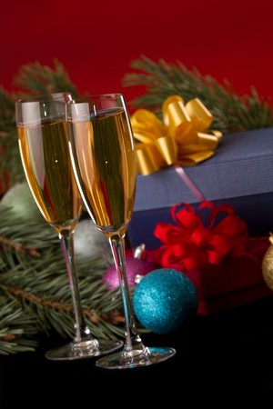 Christmas decoration and champagneの写真素材