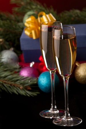 Christmas decoration and champagneの写真素材