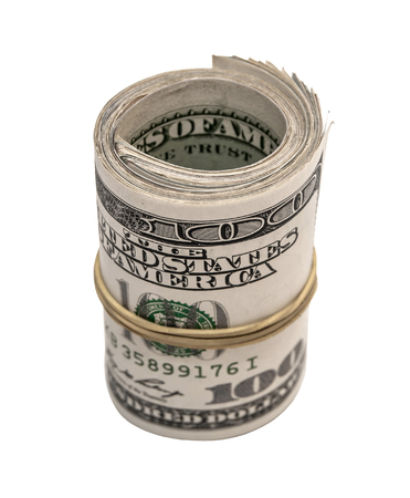 Hundred dollar rolled up on white backgroundの写真素材