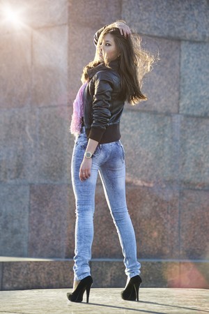 Beautiful asian woman posing outdoorsの写真素材
