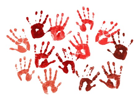 Bloody spooky hands print over white backgroundの写真素材