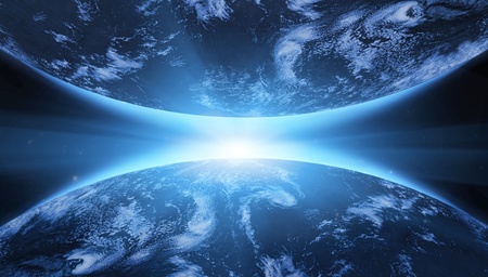 Planet earth with sunrise in the spaceの写真素材