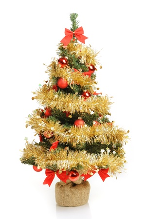 Decorated Christmas tree isolated on white backgroundの写真素材
