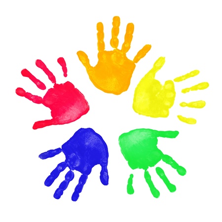 Set of colorful hand prints in rainbow order isolated on white backgroundの写真素材