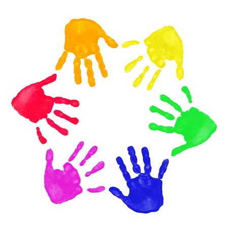 Set of colorful hand prints in rainbow order isolated on white backgroundの写真素材