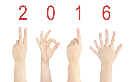Woman hand gesture 2016 isolated on white