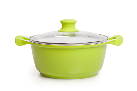 Green pot with lid isolated on white backgroundの写真素材