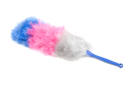 Soft colorful duster with plastic handle isolated on white backgroundの写真素材