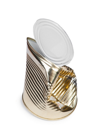 Opened empty tin can isolated on white backgroundの写真素材
