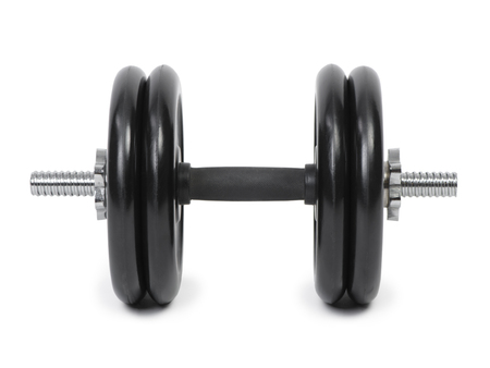 Professional adjustable dumbbell isolated on white background. Sporting equipment. Gym heavy weightsの写真素材