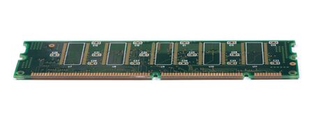 Green stick of RAM memory for computer with electronics components isolated on white background
