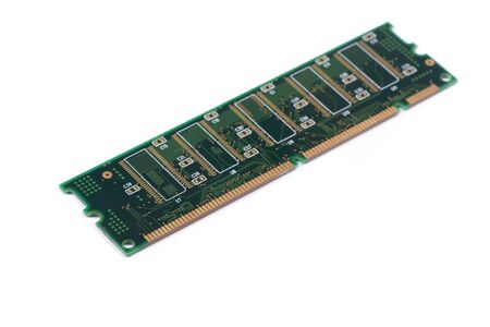 Green stick of RAM memory for computer with electronics components isolated on white background