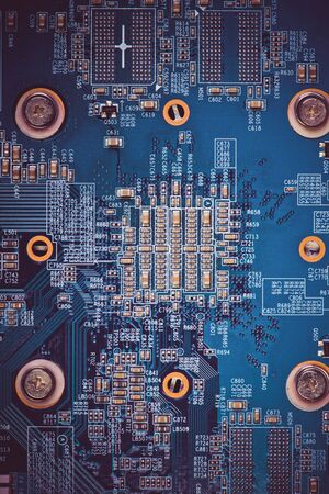 Texture of computer circuit board, blue motherboard background